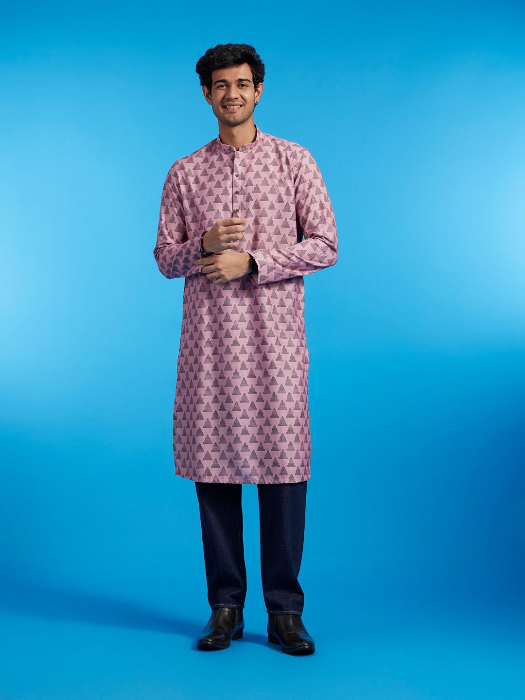 Diwas by Manyavar Geometric Printed Mandarin Collar Straight Kurta-picture-13