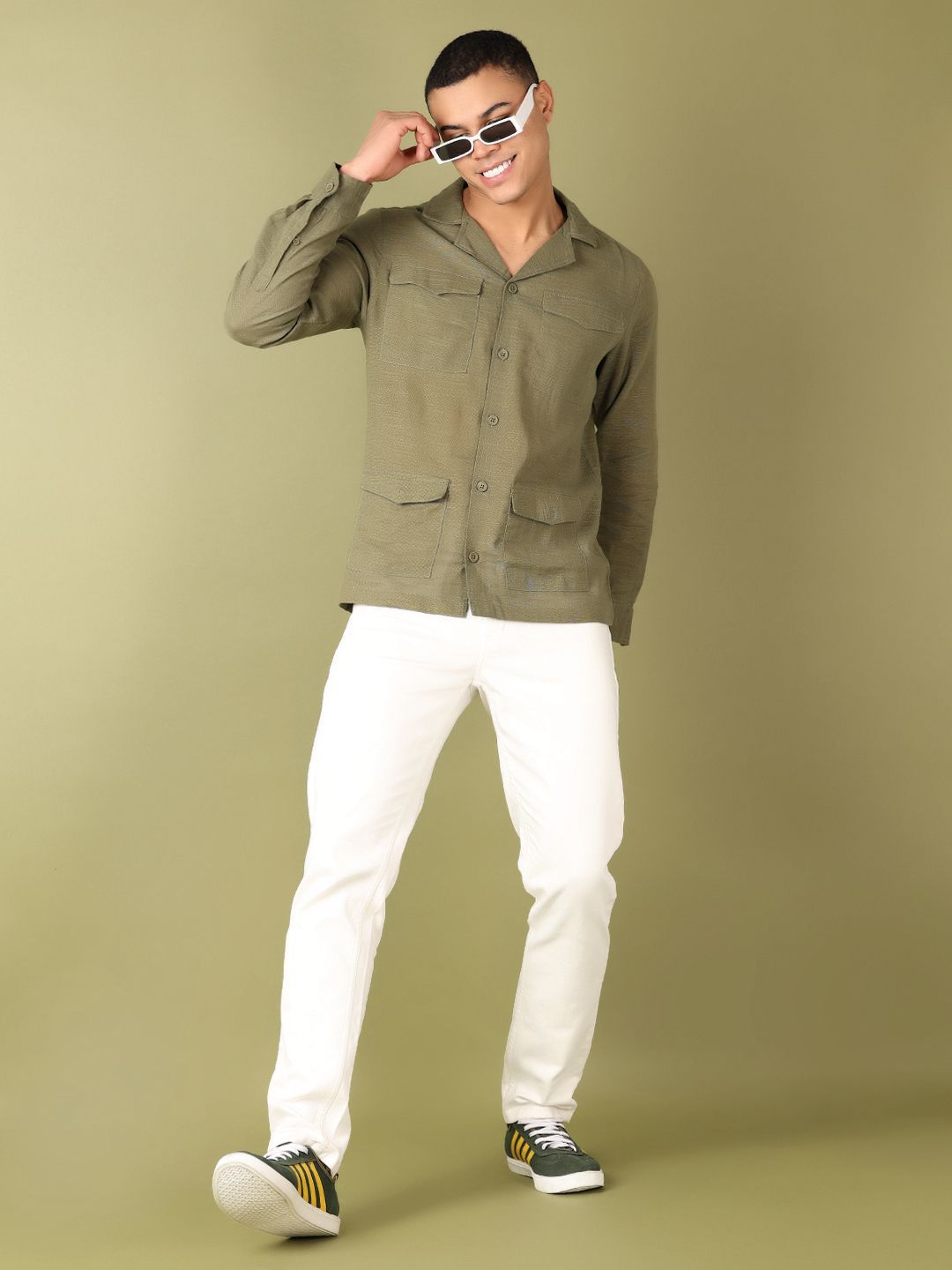 Men's White Cuban Collar Solid Co-Ords Set main image 1