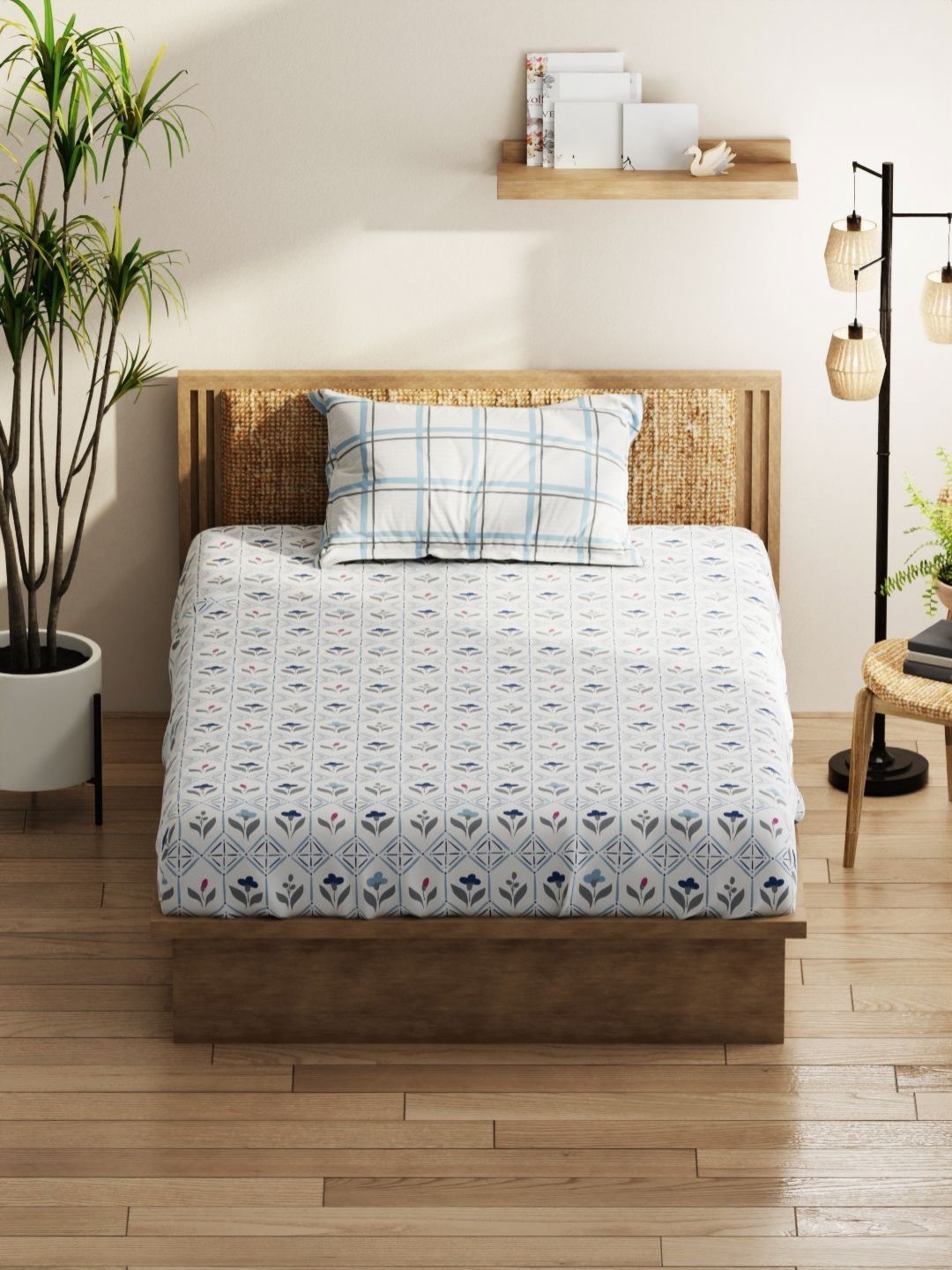 KOPA Off White & Grey Floral 152 TC Queen Bedsheet with 2 Pillow Covers-picture-1