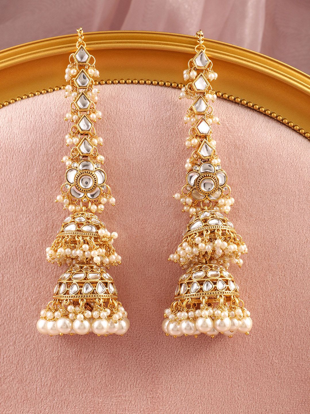 Rubans 22K Gold-Plated Kundan Studded Long Full-Ear Covering Triple-Layer Jhumka Earrings-picture-55