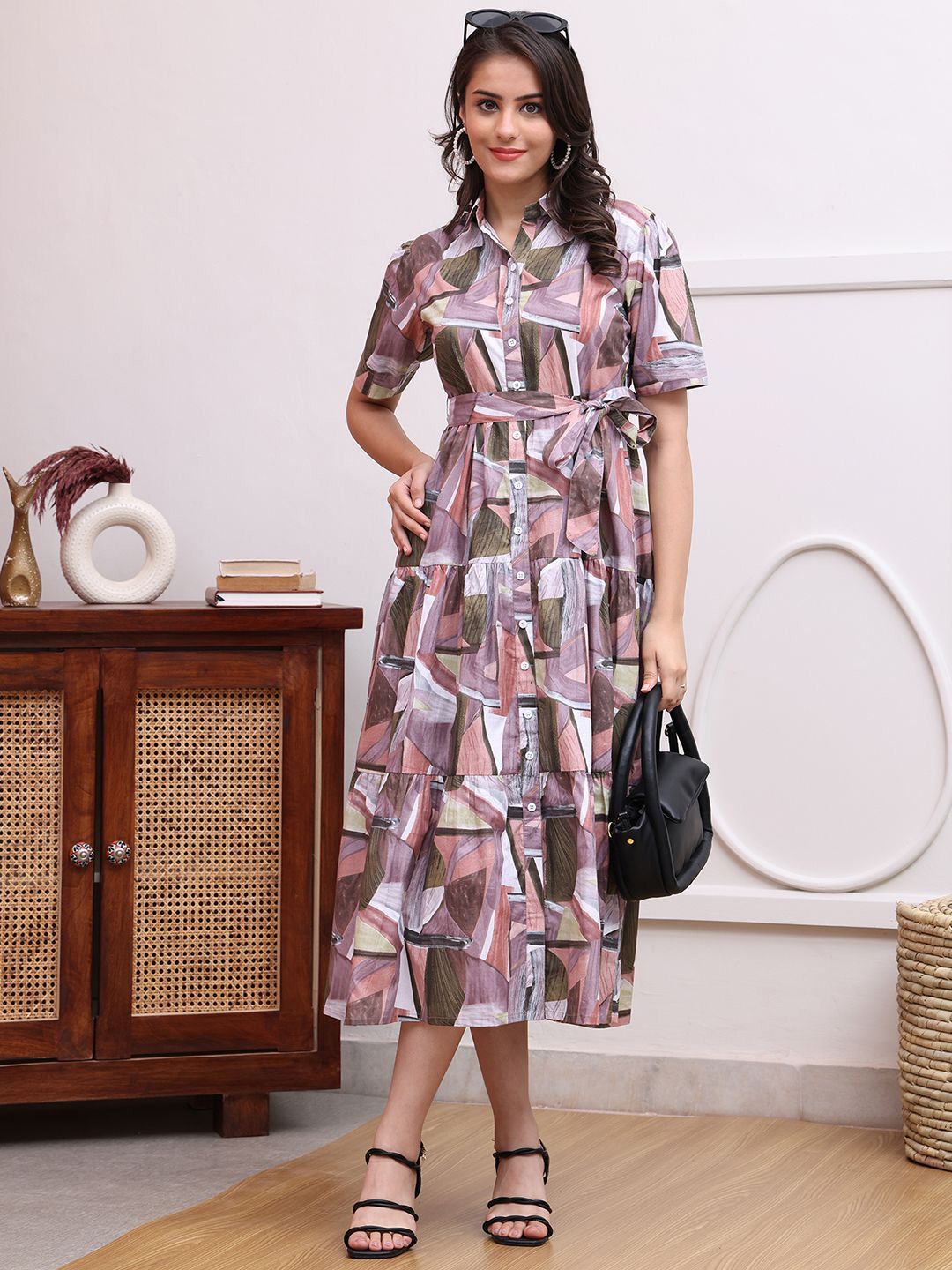 Black Floral Printed Chanderi Silk A-Line Dress for Women | Claura main image 1