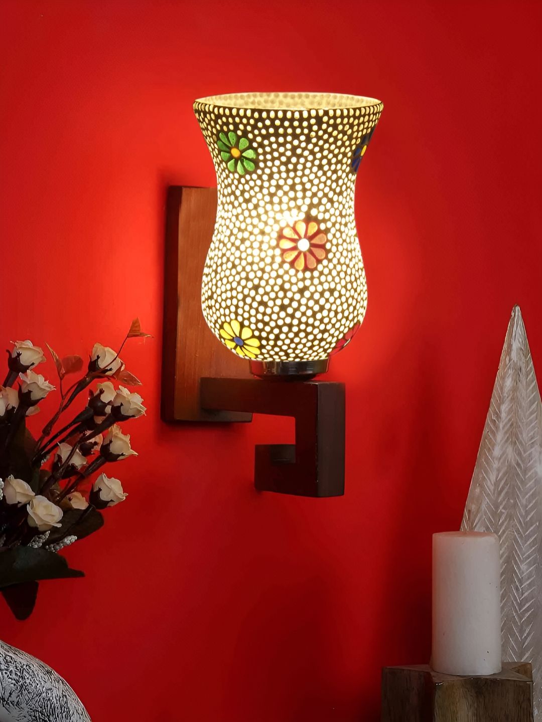 Devansh White & Red Textured Wood Traditional Abstract Shaped Shaped Wall Lamp-picture-37