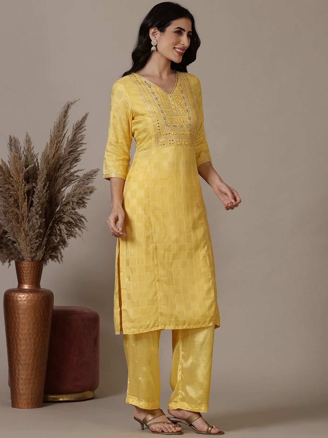Women’s Cosmos Fabric Kurta Plazzo Set with Real Mirror Work Dupatta