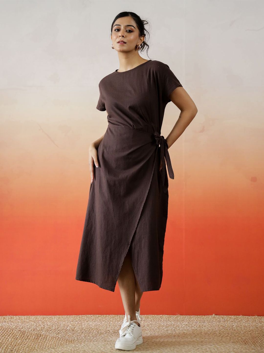 SANSKRUTIHOMES Solid Cotton Wrap Midi Dress