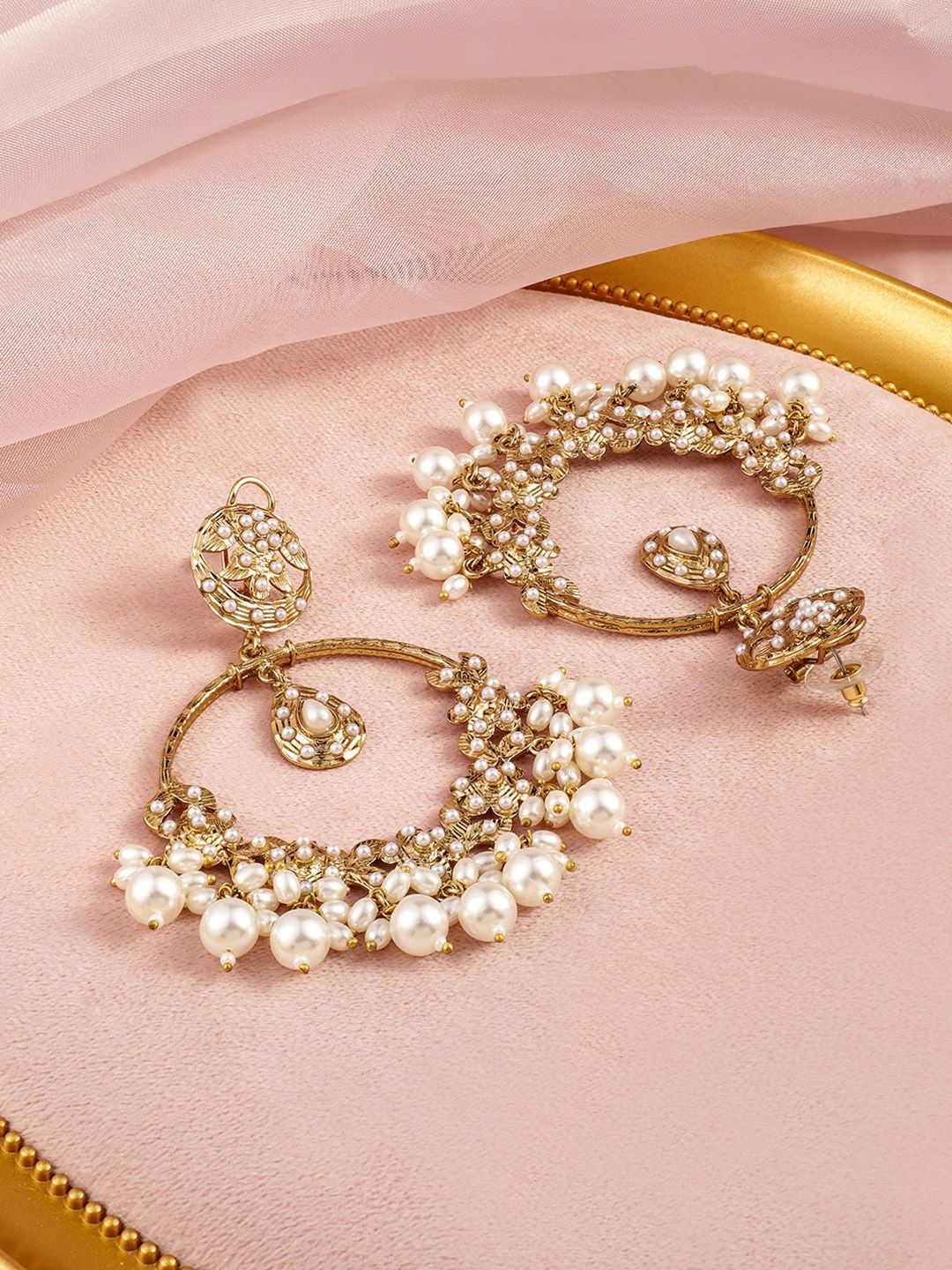 Rubans 18K Mehandi Gold-Plated Traditional Pearl Studded & Beaded Long Chandbali Earrings-picture-44