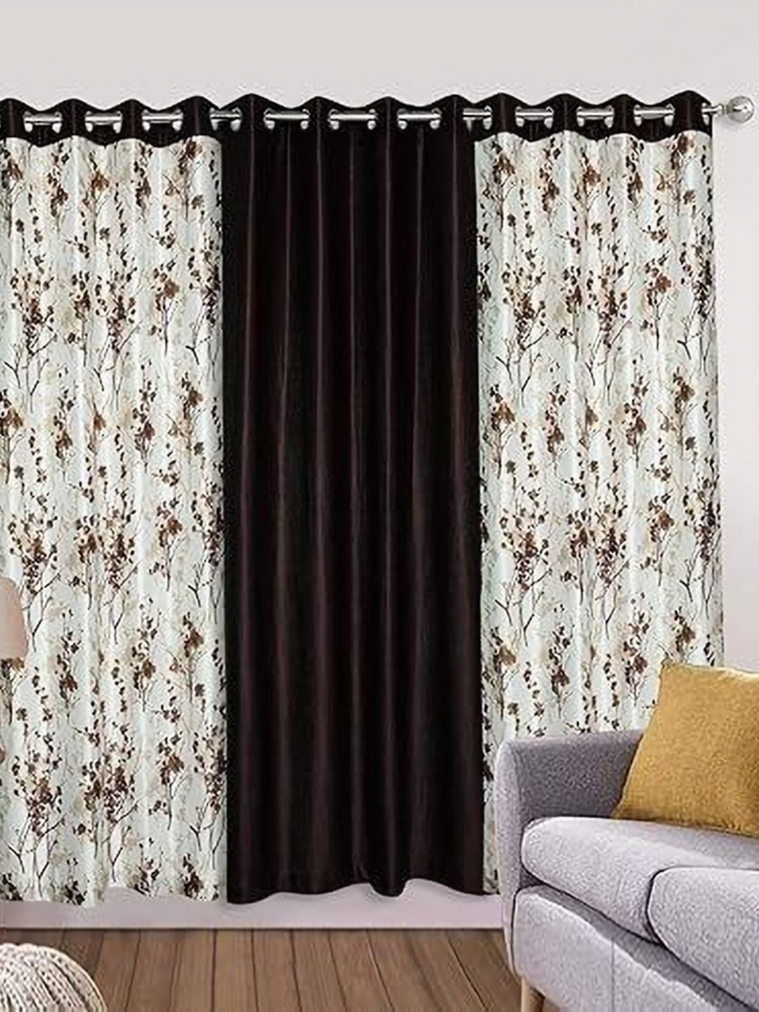 Banchmark Home Furnishings Brown & White Set of 3 Floral Window Curtain-picture-42