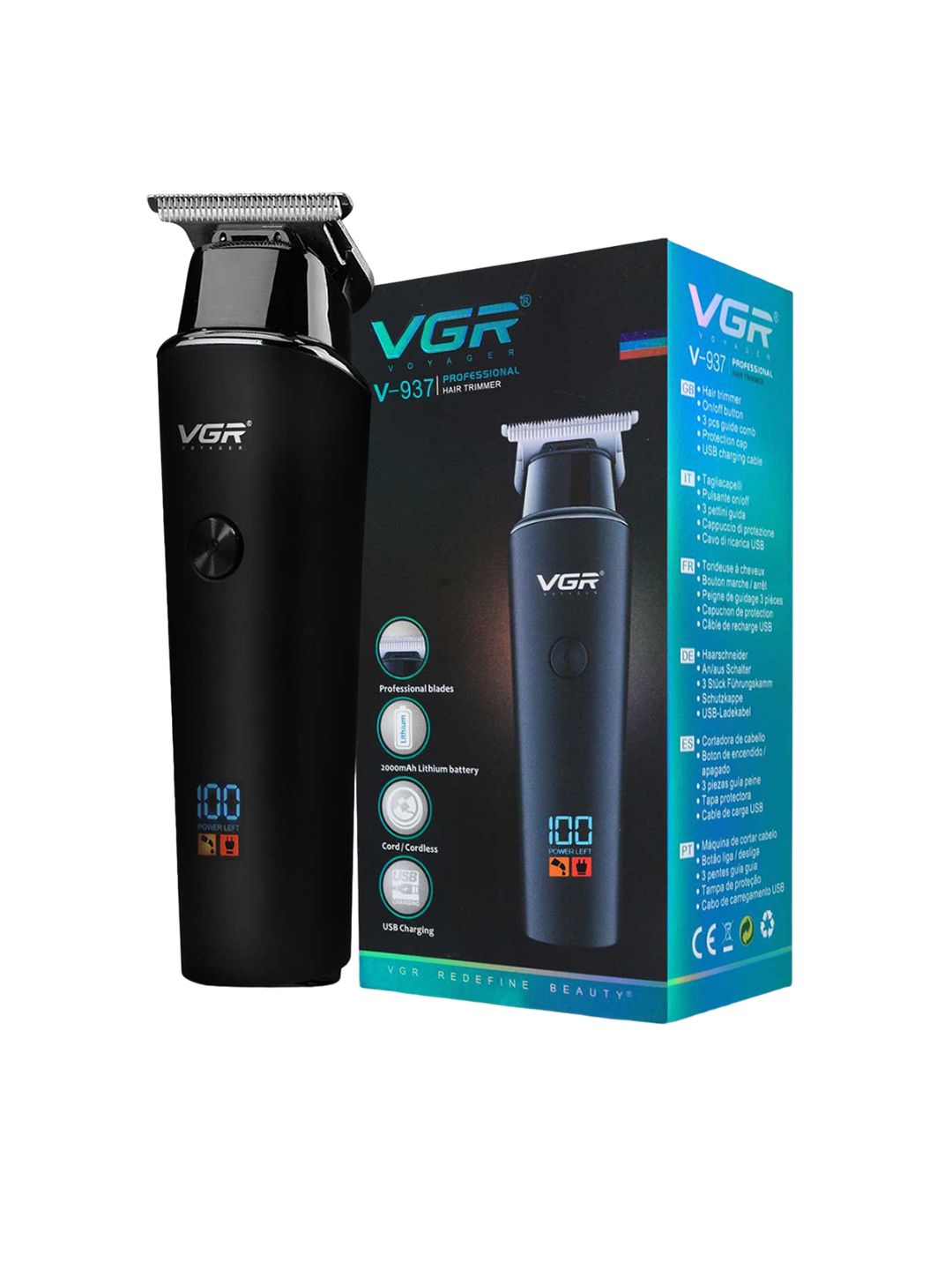 VGR V-937 Professional Hair Trimmer With USB Charging Cable & LED Display - Black-image-5