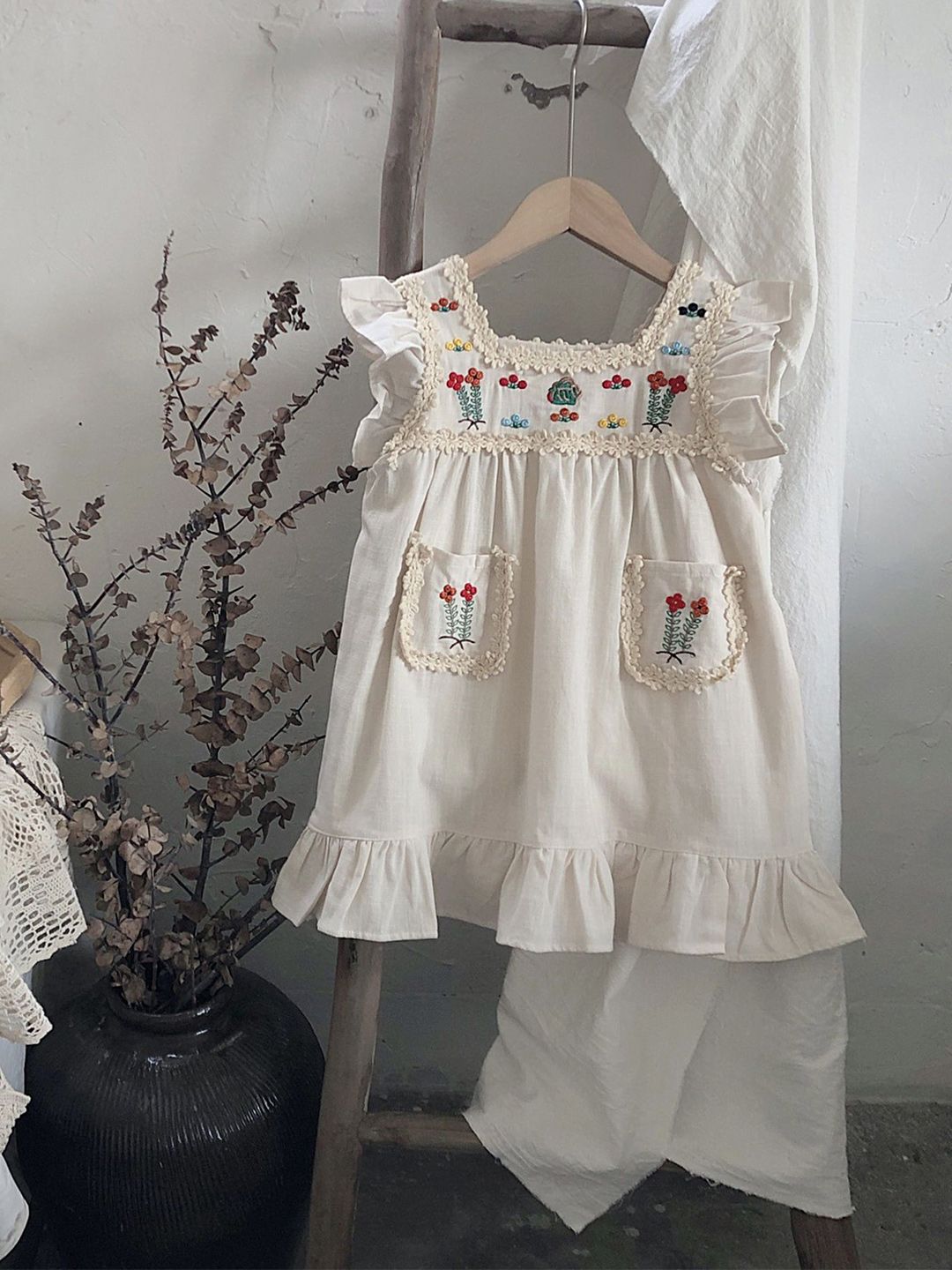 LULU & SKY Girls Floral Embroidered Flutter Sleeve A-Line Cotton Dress-picture-11