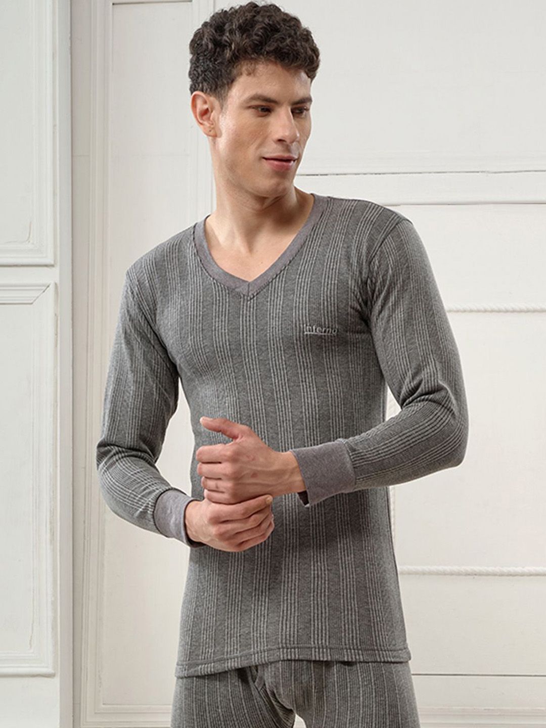 INFERNO Men Striped Ribbed Cotton V-Neck Thermal Top-picture-17