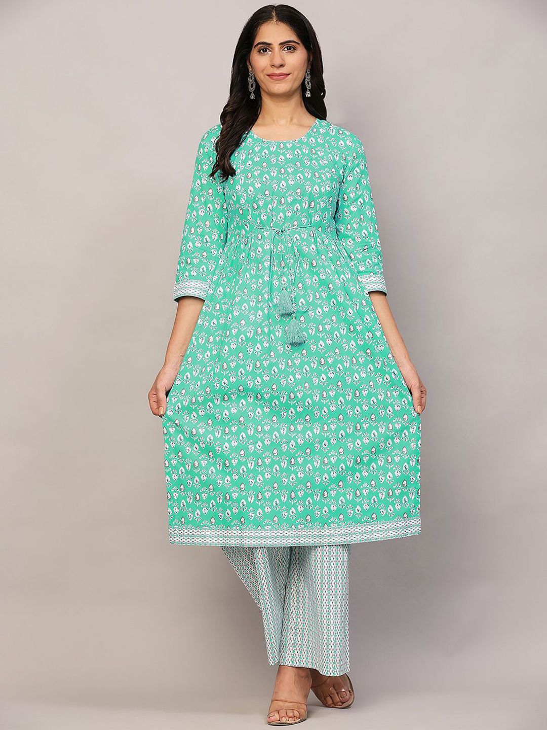 Poshak Hub Floral Printed Pure Cotton A-Line Kurta With Palazzos-picture-36