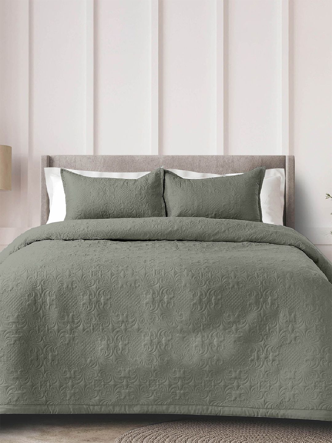 LABHAM Taupe Self Design Pure Cotton King Bed Cover With 2 Pillow Covers