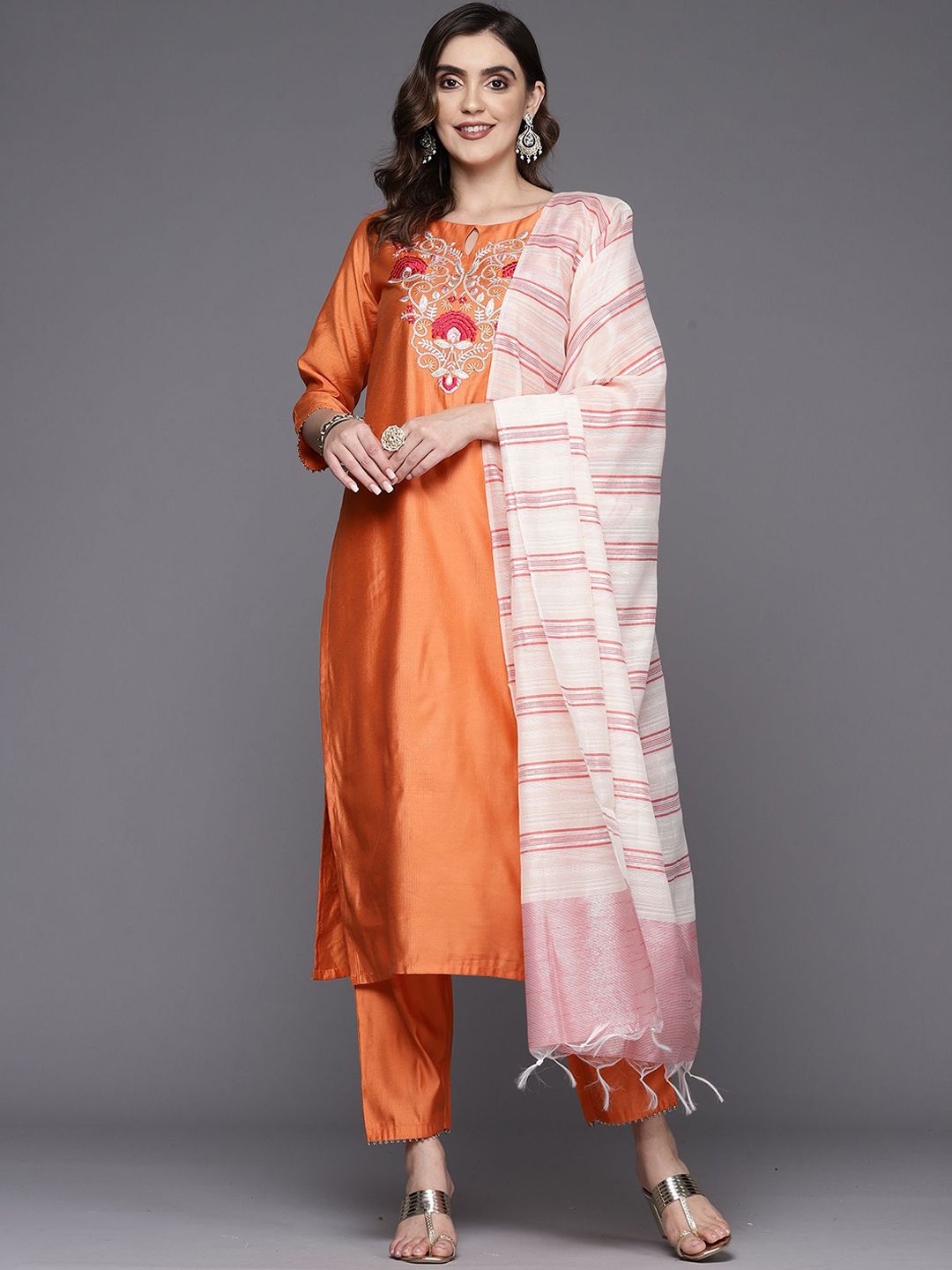 Anouk Women Floral Embroidered Regular Thread Work Liva Kurta with Trousers & With Dupatta-image-3