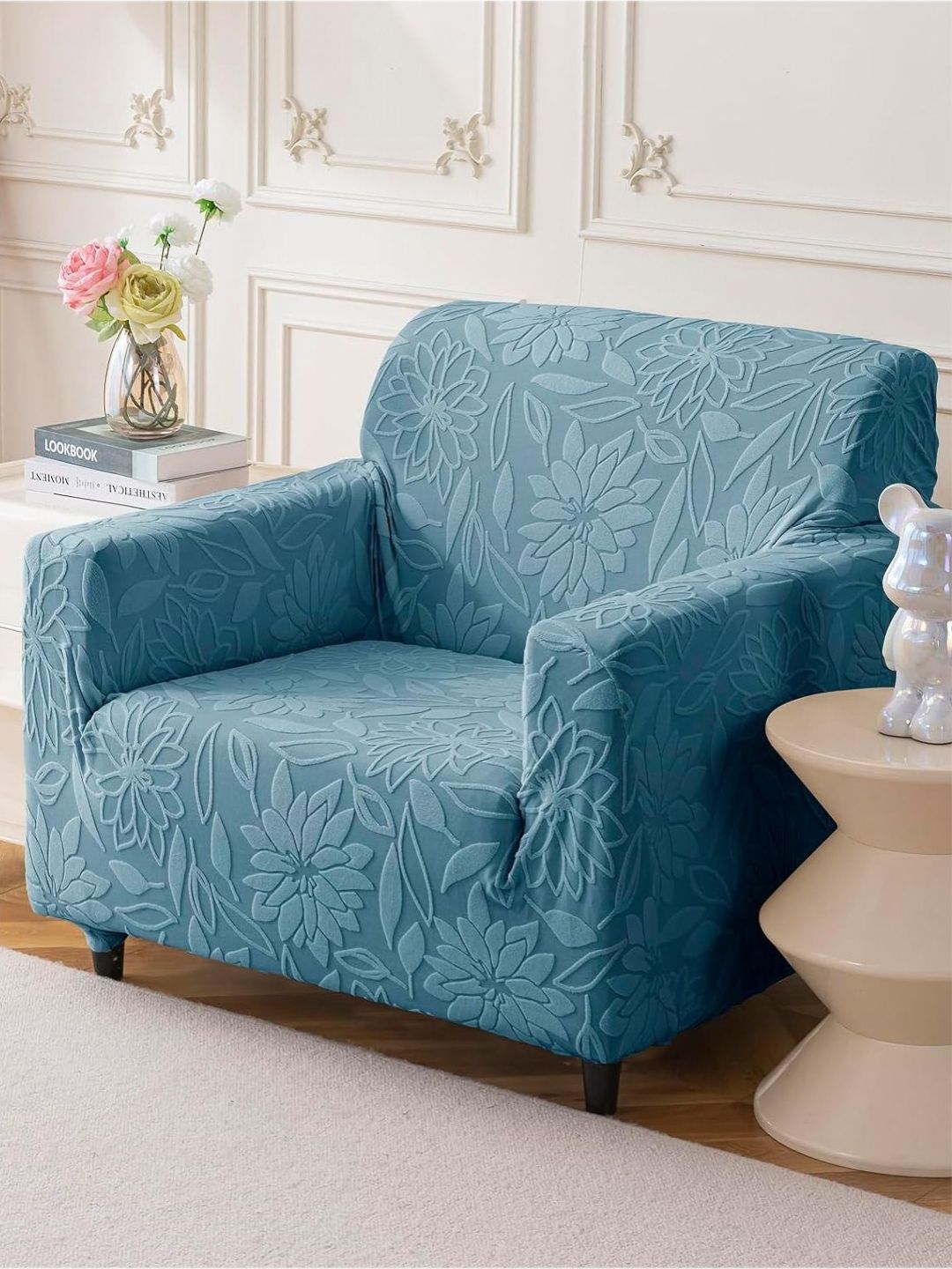 HOUSE OF QUIRK Blue Jacquard Soft Touching 1 Seater Sofa Cover-picture-44