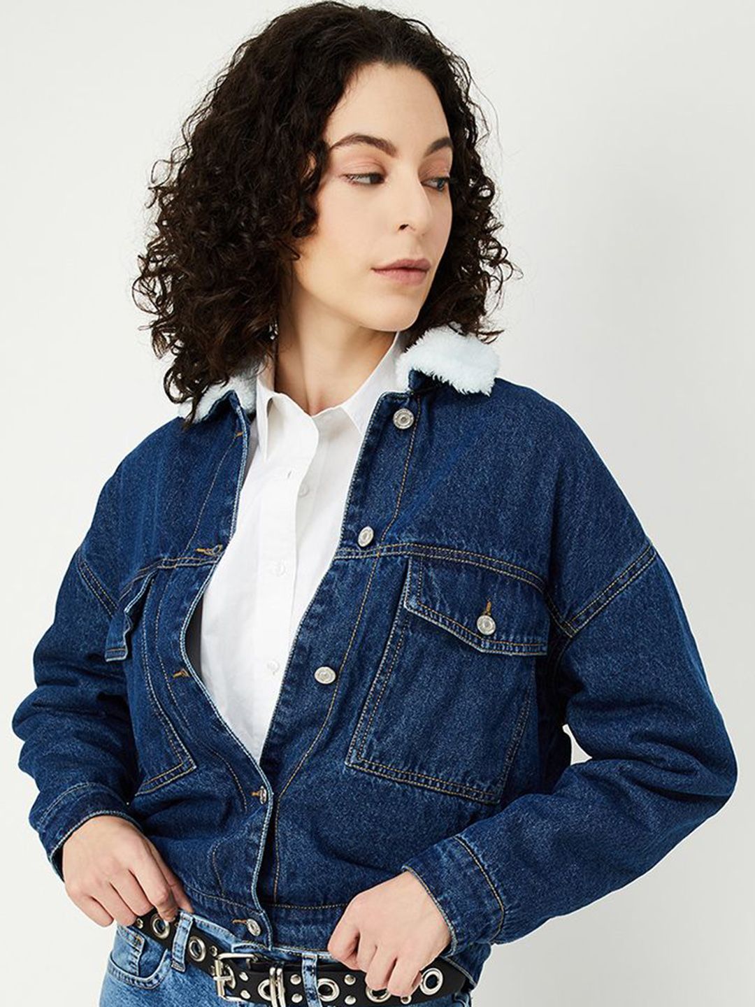 max Women Spread Collar Solid Cotton Casual Denim Jacket