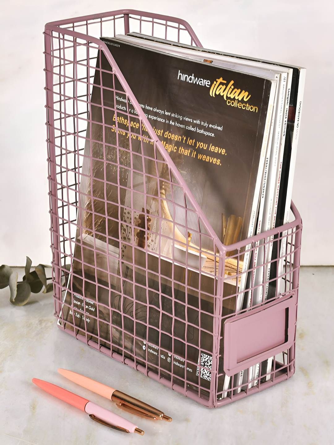 Living With Elan Mauve Self Design Rectangular Shaped Grid Metal Books and Magzine Holder