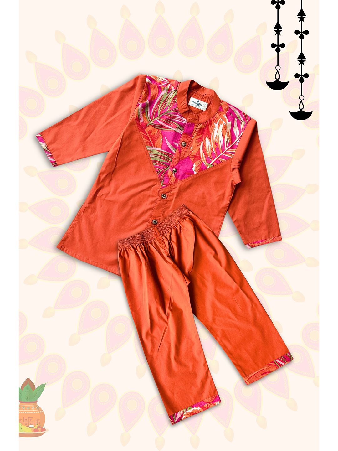 Peekaaboo Kids Boys Floral Printed Panelled Pure Cotton Kurta with Pyjamas