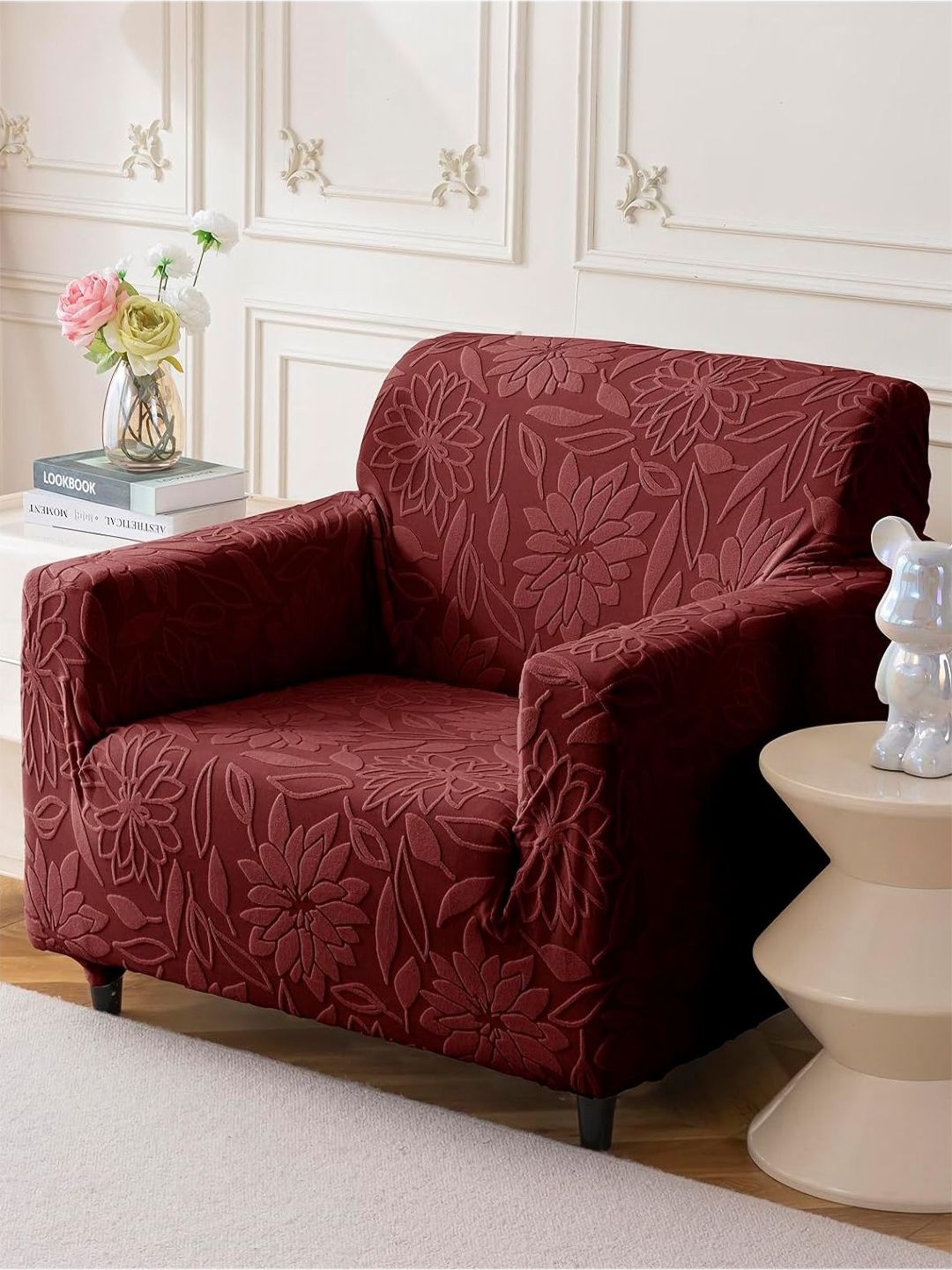 HOUSE OF QUIRK Maroon Jacquard Soft Touching 1 Seater Sofa Cover-picture-40