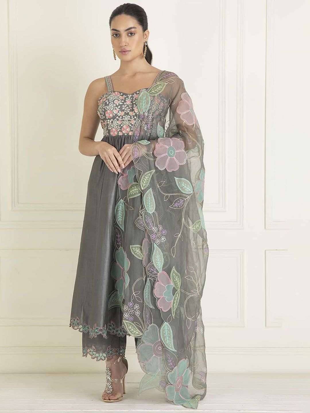 PRIYANKA JAIN Floral Embroidered Regular Pure Cotton Anarkali Kurta & Palazzo & Dupatta-image-33