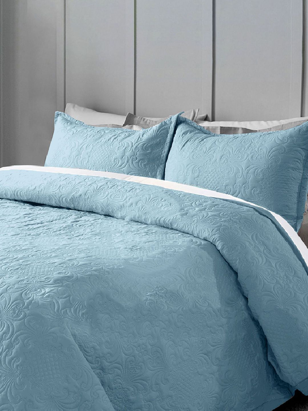 LABHAM Blue Self Design Pure Cotton King Bed Cover With 2 Pillow Covers-image-45