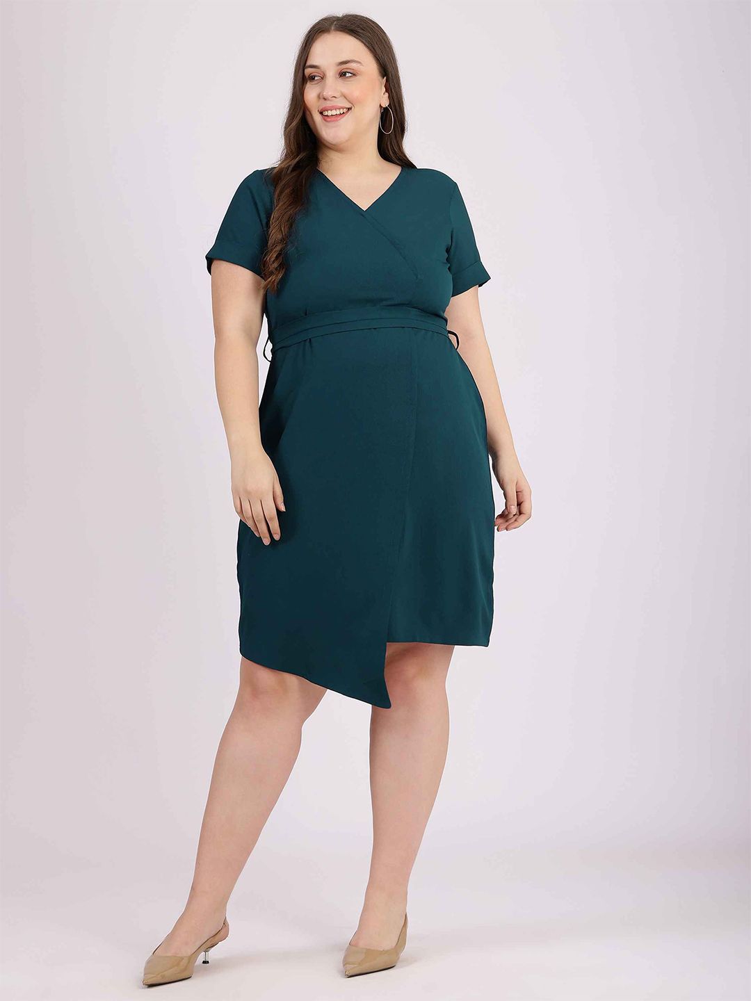 Curvy Lane V-Neck Sheath Plus Size Dress Comes with a belt