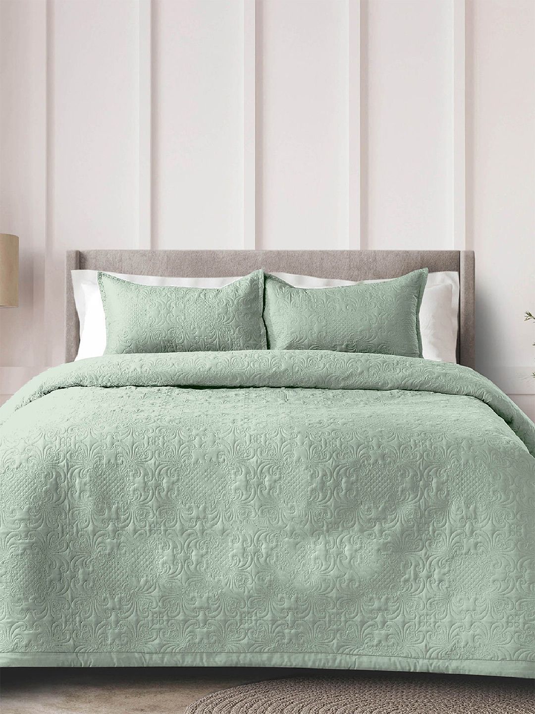 LABHAM Green Self-Designed Pure Cotton King Bed Cover With 2 Pillow Covers