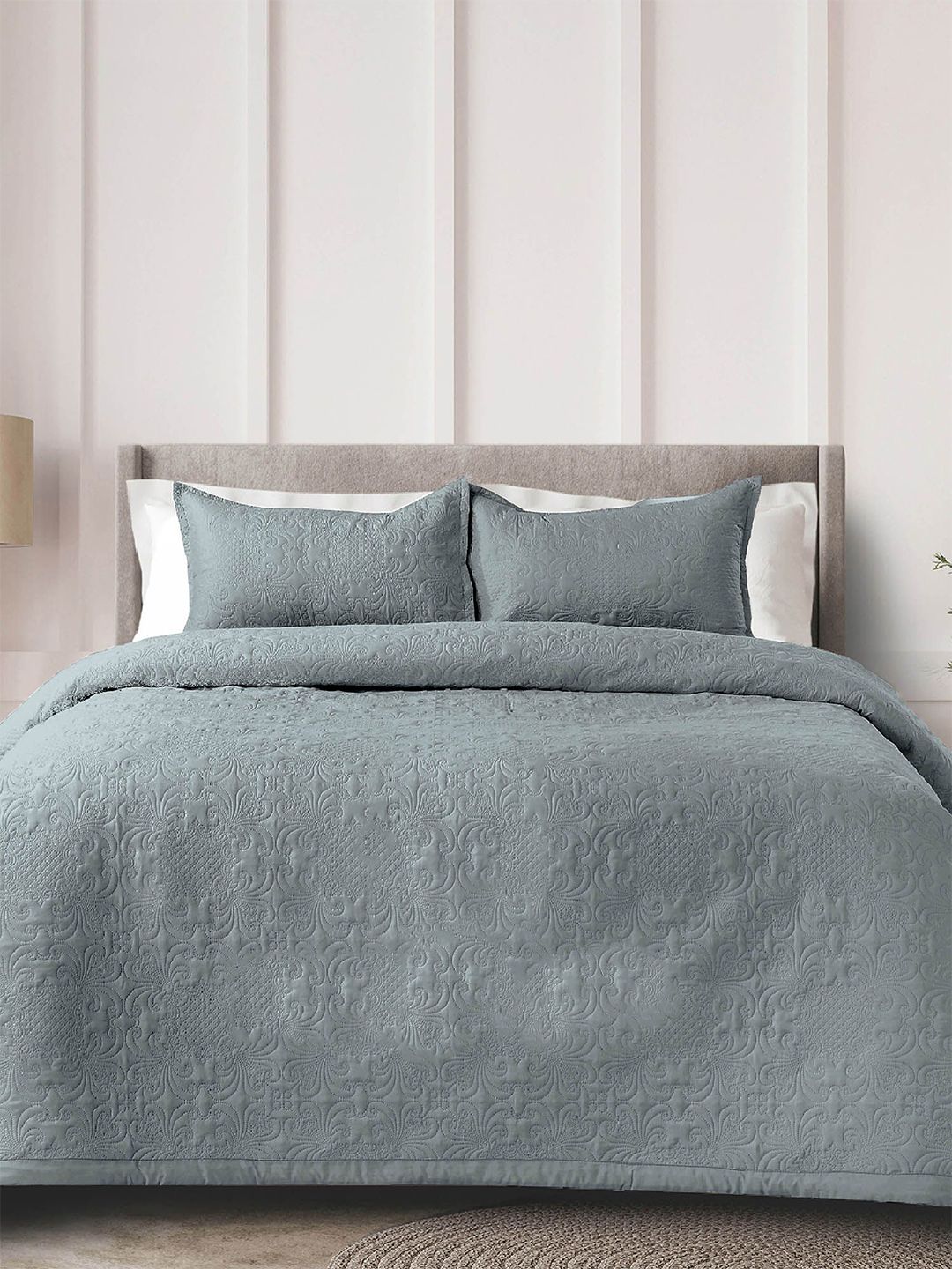 LABHAM Grey Self Design Cotton Double King Bed Cover With 2 Pillow Covers