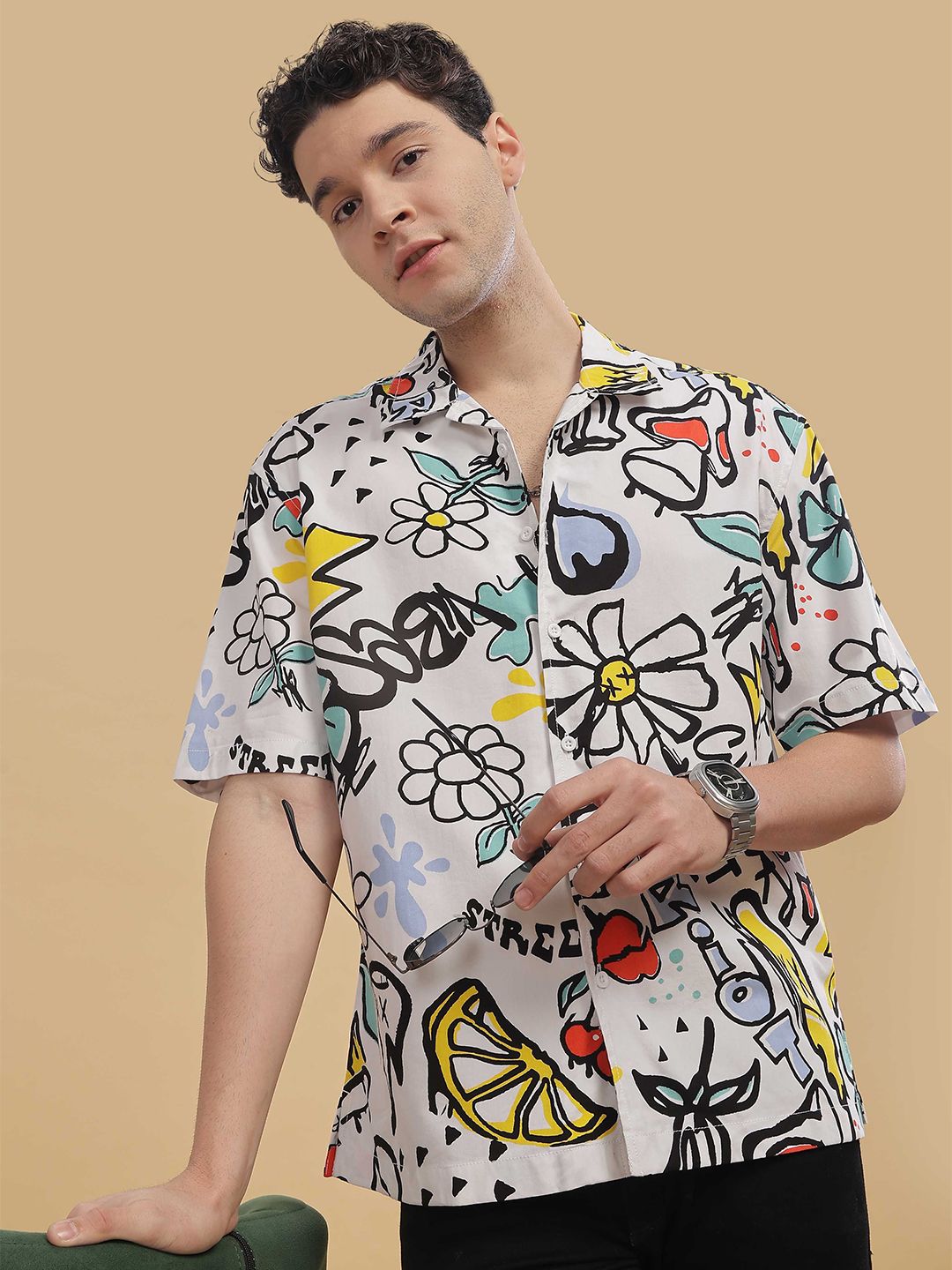 HERE&NOW Men Cuban Collar Graphic Printed Cotton Relaxed Fit Casual Shirt-picture-29