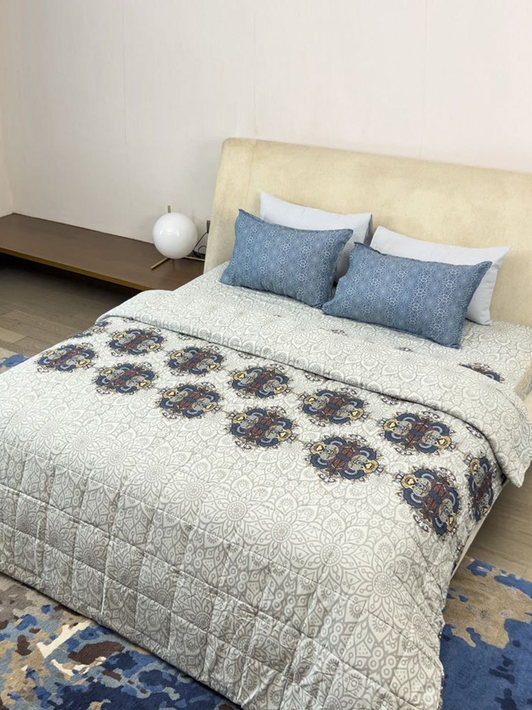 LABHAM Grey & Blue Printed Self Design Pure Cotton Double King Superfine Bedding Set-picture-58