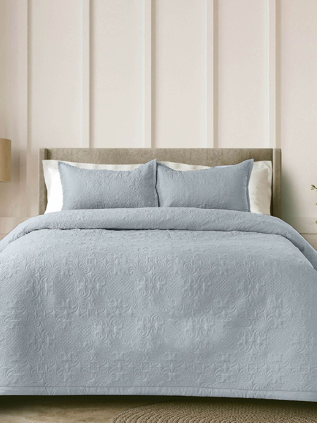LABHAM Grey Self-Design Double King Pure Cotton Bed Cover With 2 Pillow Covers-image-28