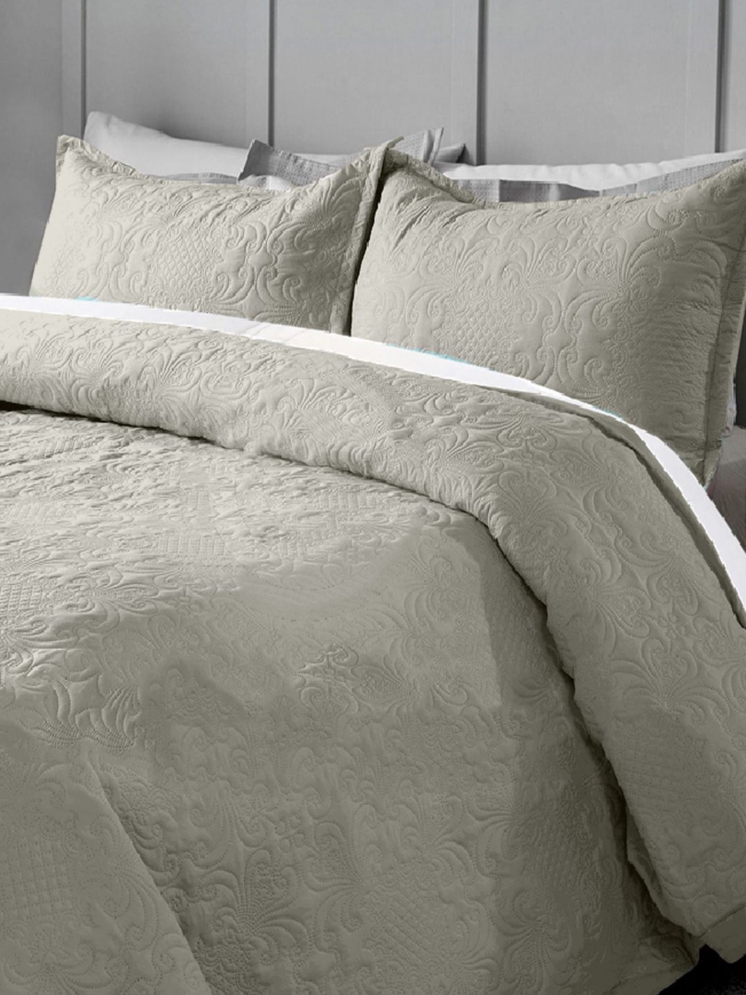 LABHAM Cream-Color Self-Designed Pure Cotton Double King Bed Cover With 2 Pillow Covers-image-14
