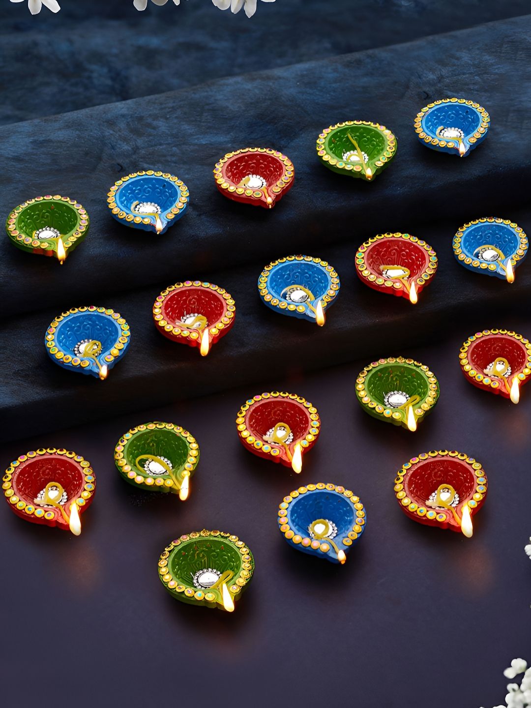 TIED RIBBONS 18-Pcs Red & Blue Terracotta Oil Diyas-picture-39