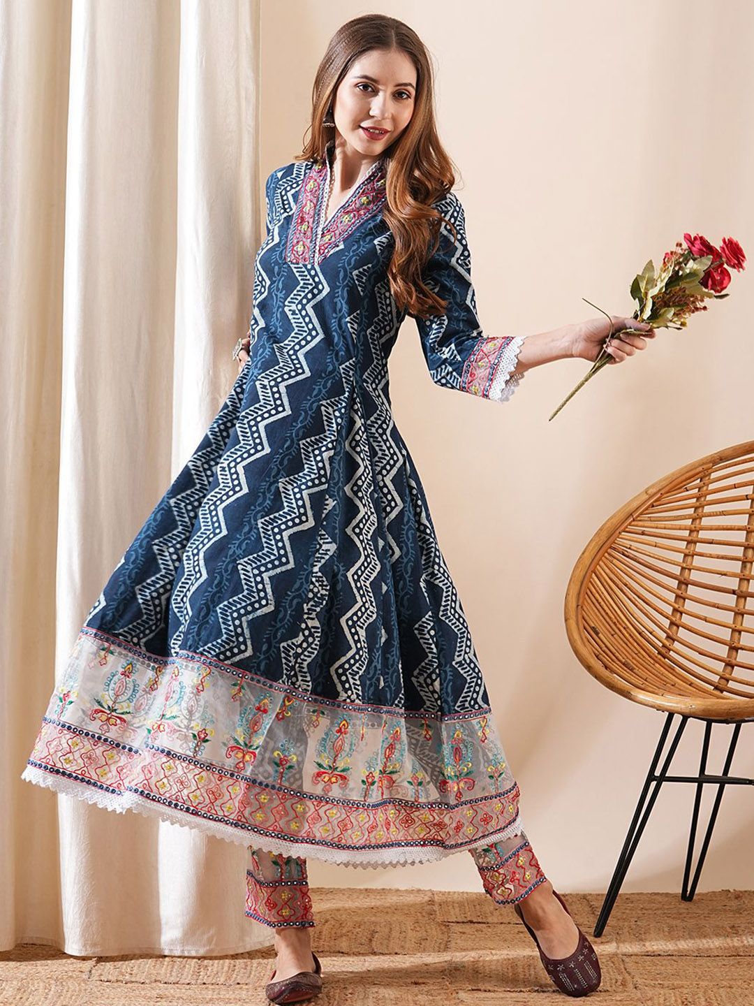 The Kiara Cut Blue Self Design Cotton Anarkali Kurta With Trousers
