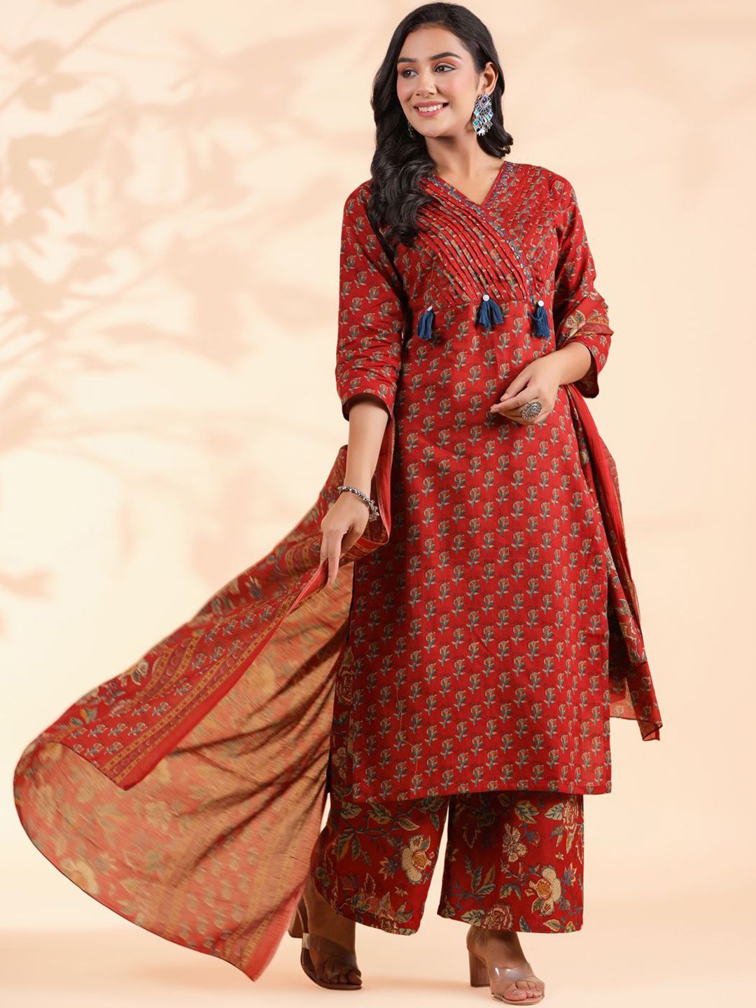 Women's Violet Cotton Floral Printed Kurta with Palazzo and Dupatta