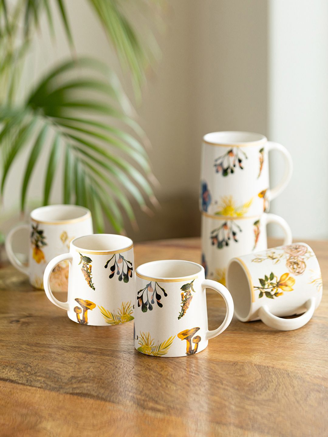 ExclusiveLane White & Yellow 6 Pieces Floral Printed Ceramic Glossy Cups 260 ml