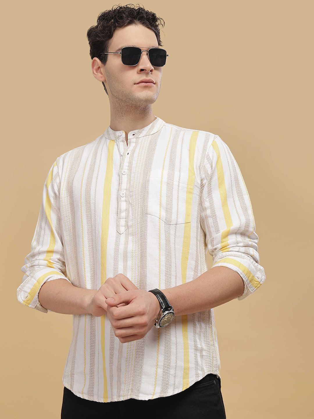 HERE&NOW Striped Mandarin Collar Cotton Short Kurta-picture-35