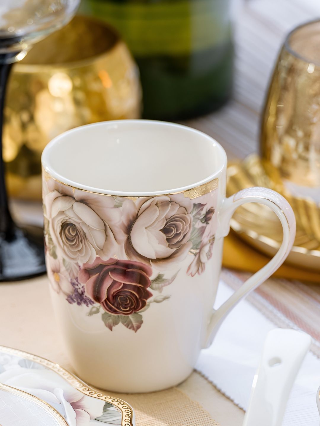 vigneto Rose Garden Gold Toned 2 Pieces Floral Printed Porcelain Glossy Mugs 300ml Each-picture-15