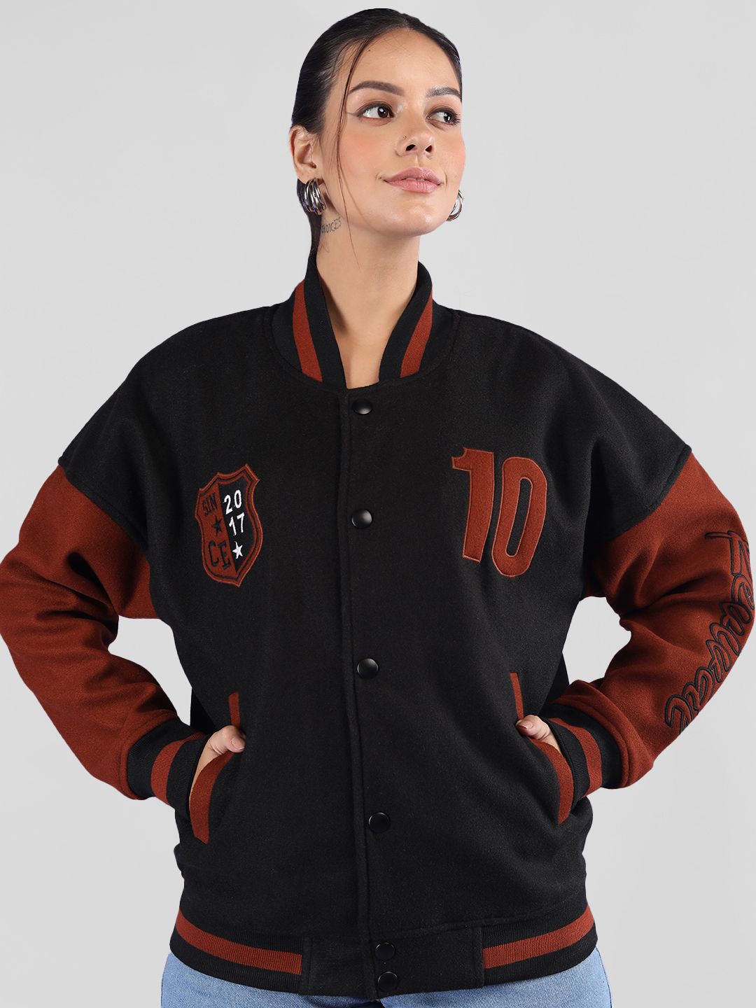CHKOKKO Women Woollen Running Varsity Jacket with Patchwork-image-15