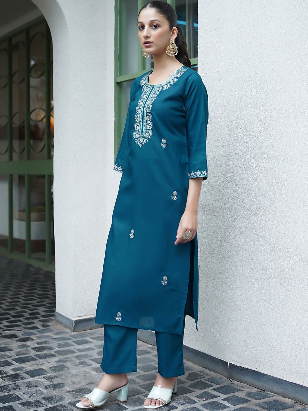 Blue Embroidered Viscose Rayon A-Line Women Kurta Trouser With Dupatta