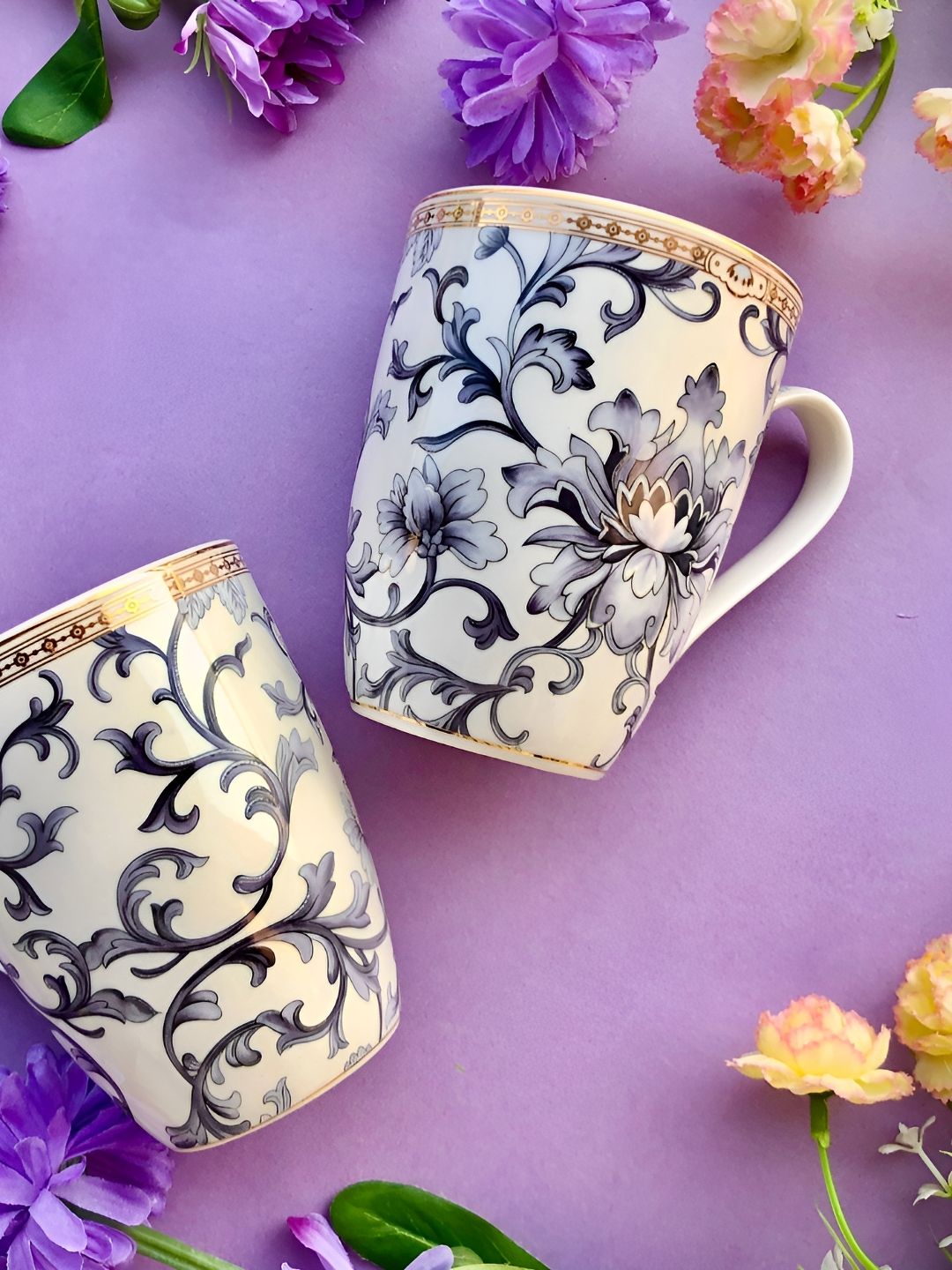 vigneto Royal Blue Gold Toned 2 Pieces Floral Printed Porcelain Glossy Mugs 300ml Each-picture-46