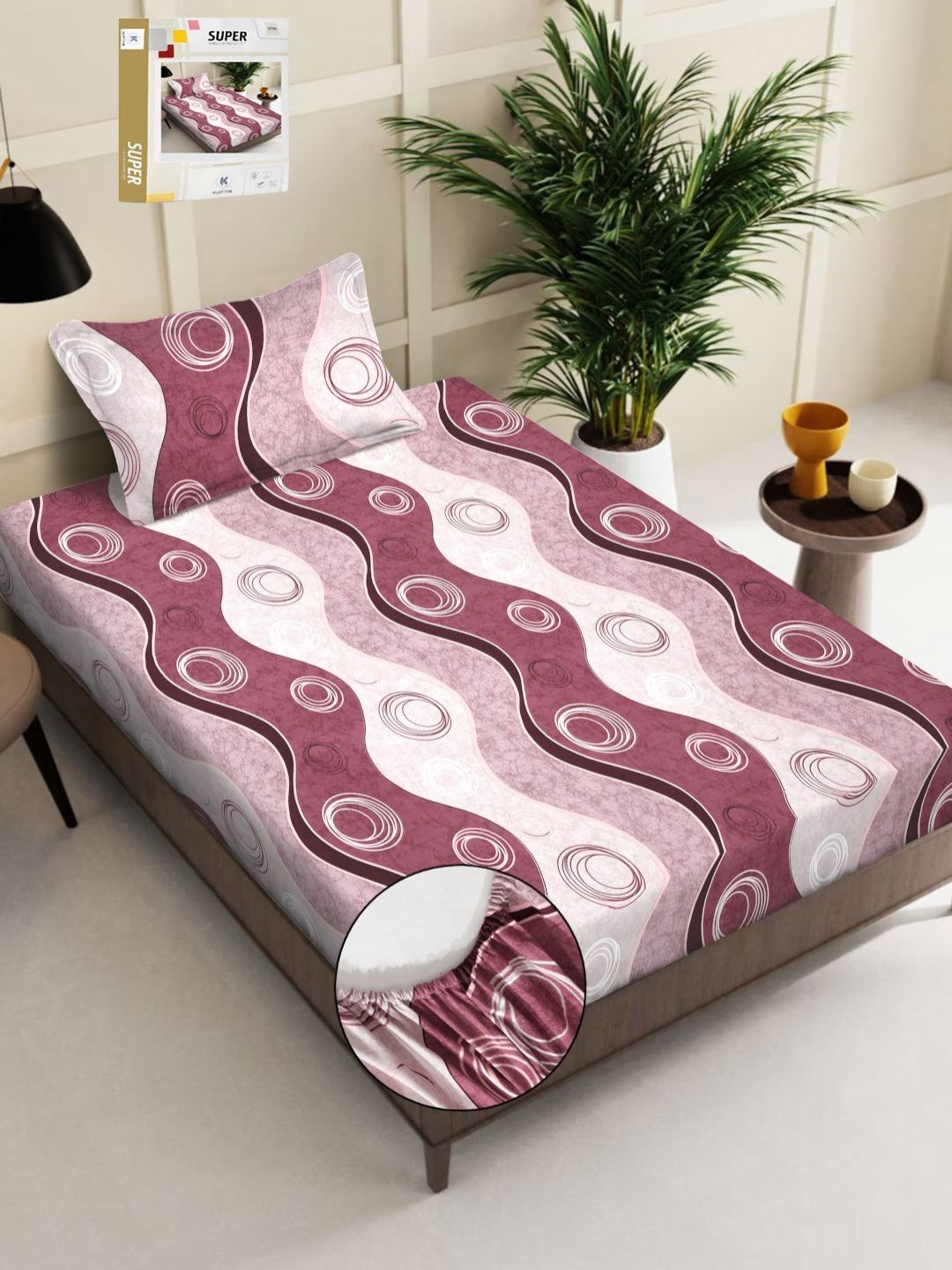 KLOTTHE Pink & White Geometric Printed Single Bedsheet With Pillow Cover-picture-34