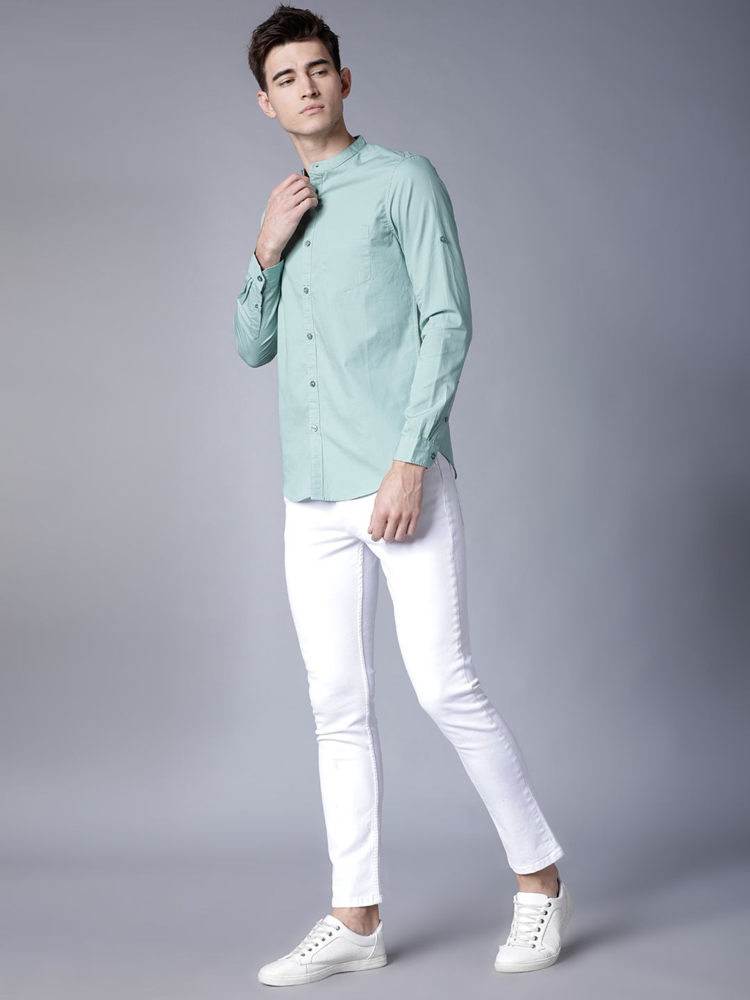 Men's Geometric Burgundy Mandarin Collar Slim Fit Shirt