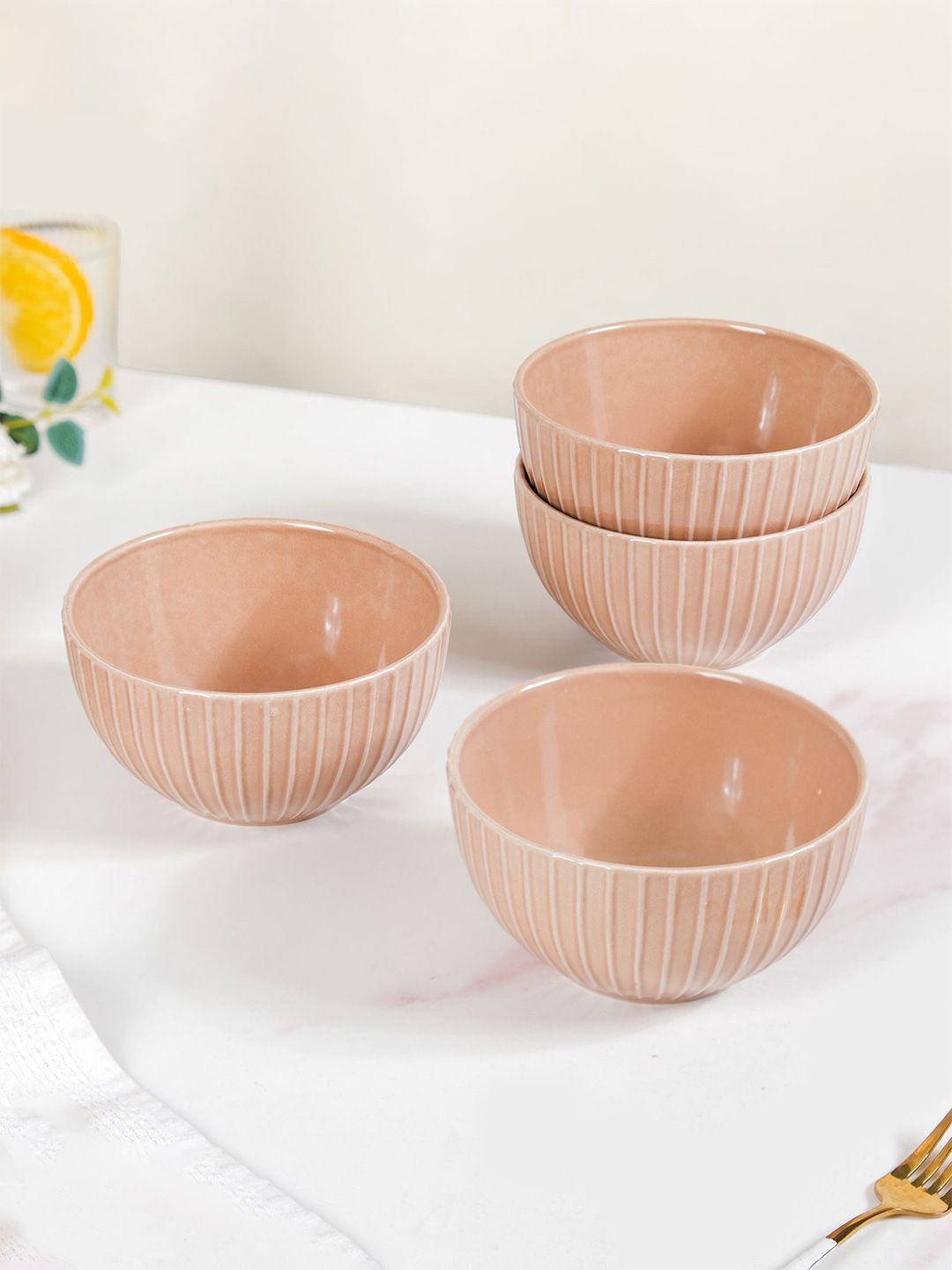 Nestasia Beige 4 Pieces Textured Ceramic Serving Bowl - 650ml Each-picture-27