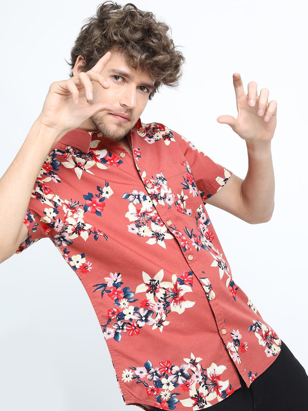 LOCOMOTIVE Men Spread Collar Floral Printed Cotton Slim Fit Casual Shirt-picture-32