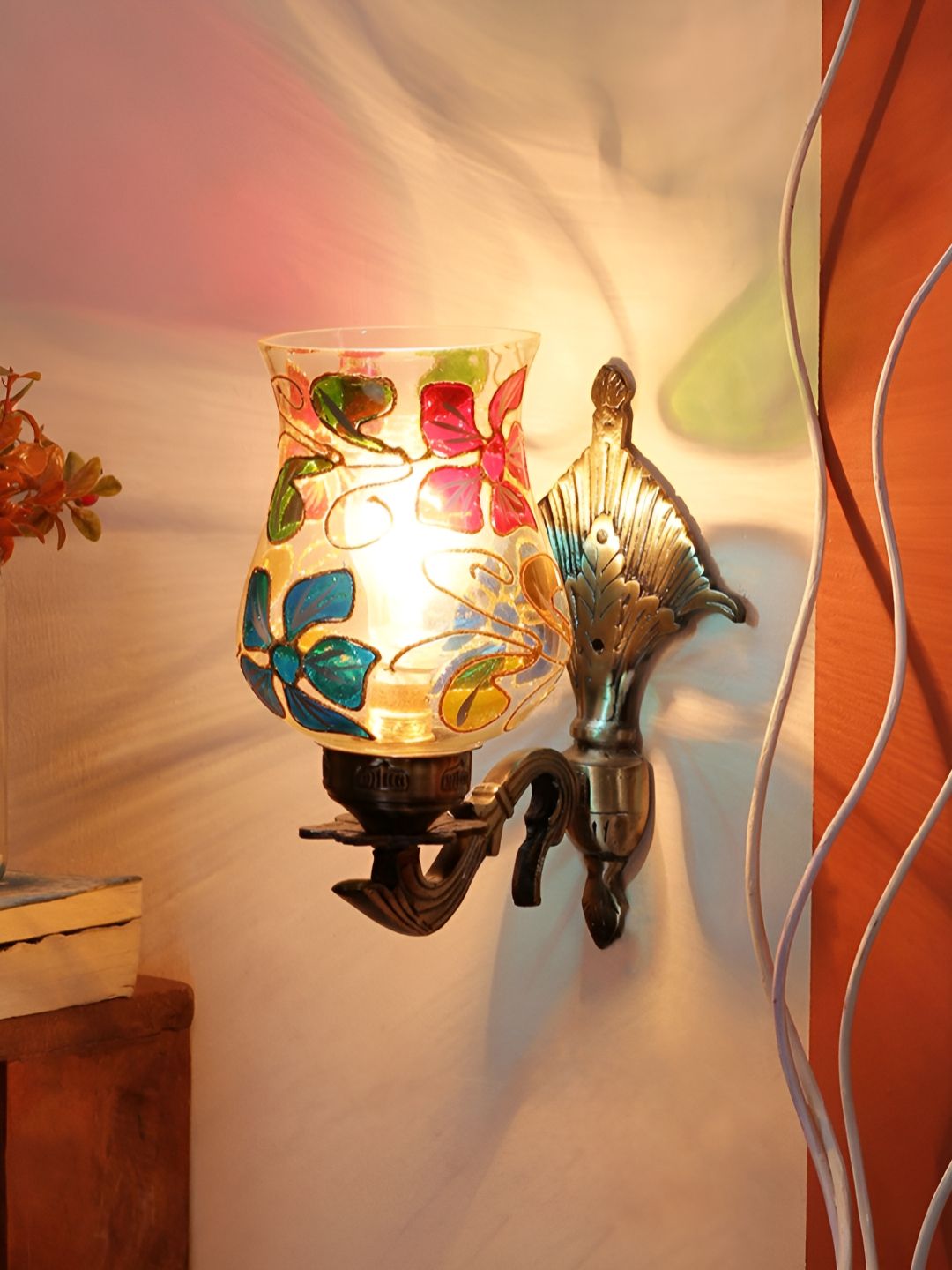 Devansh Gold-Toned & Blue Printed Metal Traditional Wall Lamp-picture-43