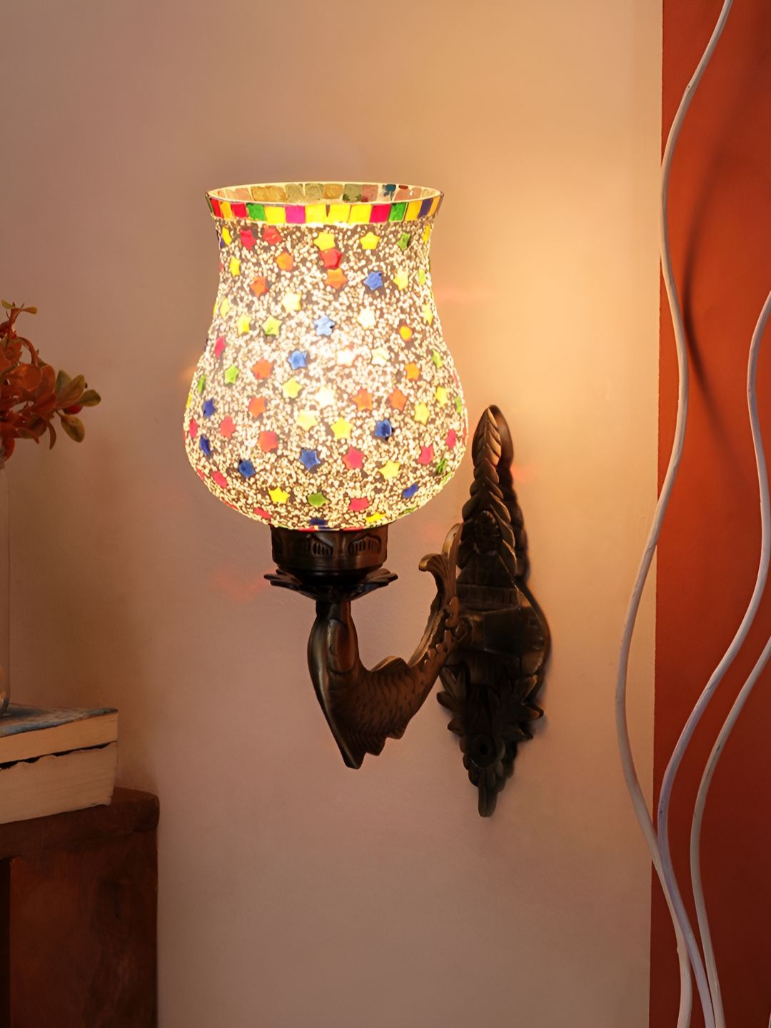 Devansh White & Red Printed Metal Traditional Wall Lamp-picture-31