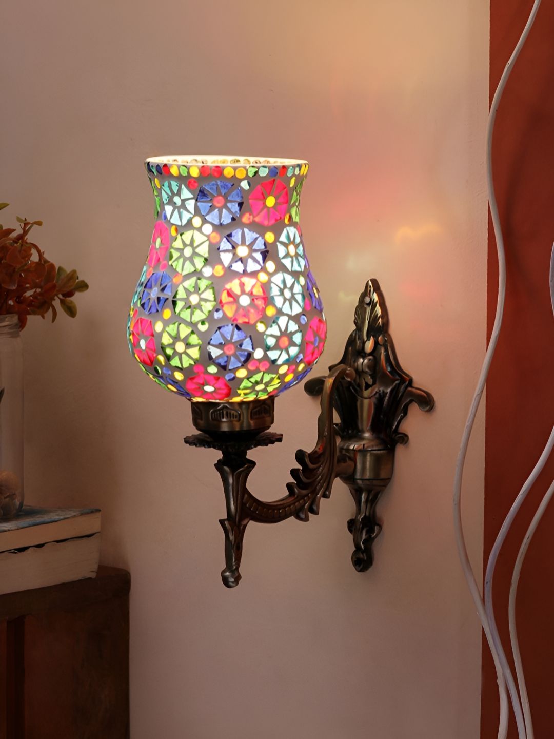 Devansh Gold-Toned & Blue Textured Metal Traditional Wall Lamp-picture-42