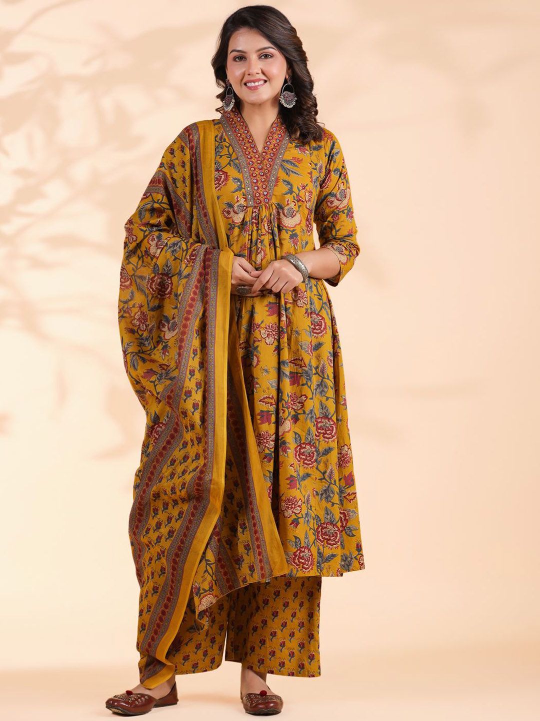 v-neck pin tucks thread work pure cotton a-line kurta with palazzo and dupatta