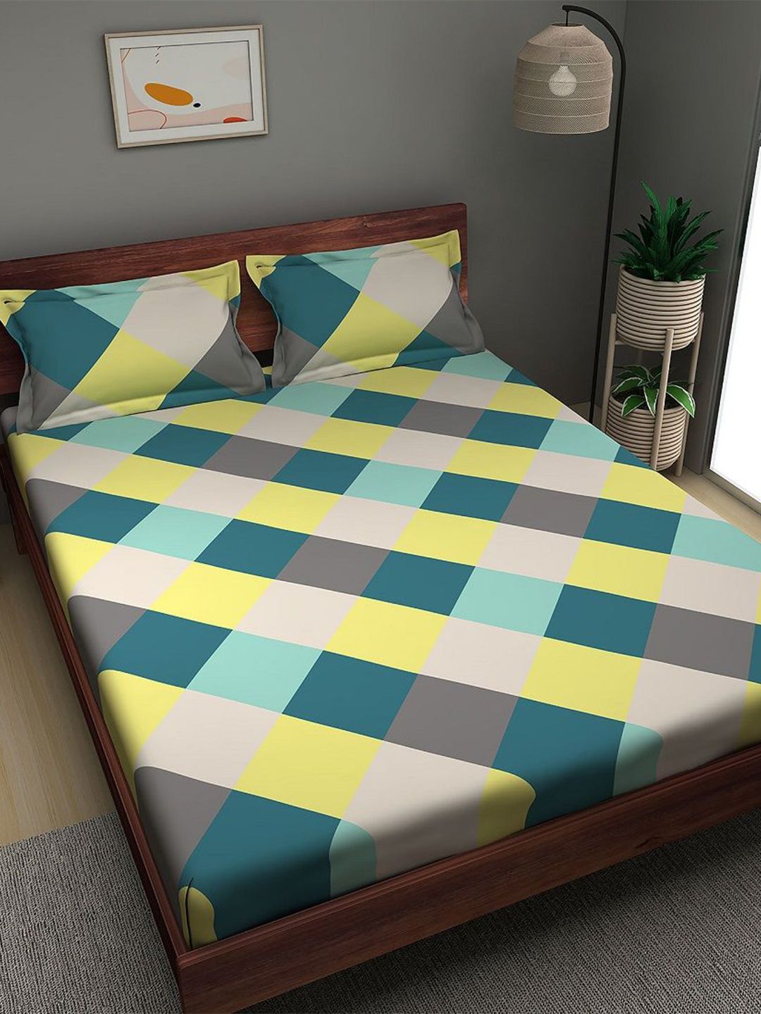 Sleepyhead Hopscotch Green Printed 144 TC Cotton Queen Bedsheet with 2 Pillow Covers-picture-33