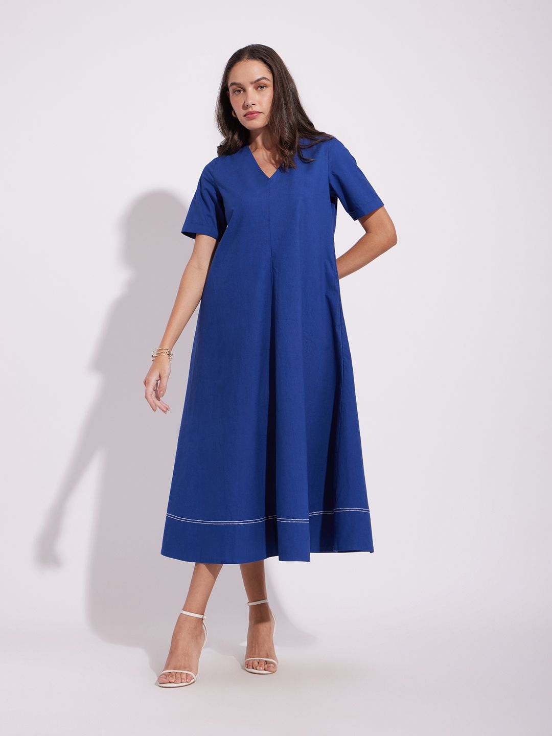 Pink Fort Women Solid V-Neck A-Line Midi Dress-image-32