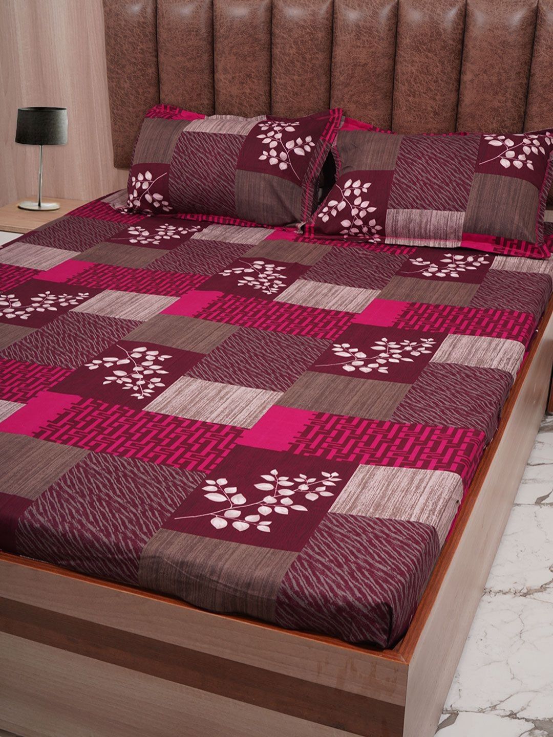 Adwitiya Pink & Maroon Ethnic Motifs 210 TC Queen Bedsheet with 2 Pillow Covers-picture-10